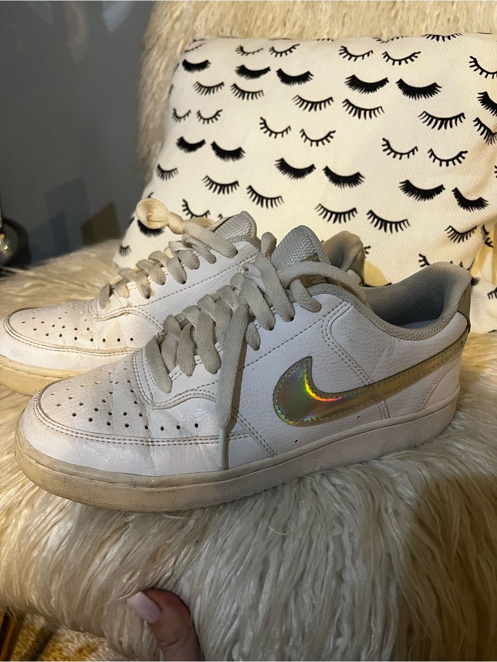 Nike White Sneakers with Iridescent Gold Swoosh